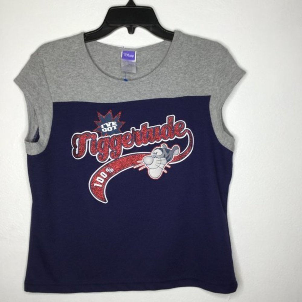 DISNEY Tigger Cap Sleeve Top "I've Got Tiggertude 100%" Shirt Size Large Blue